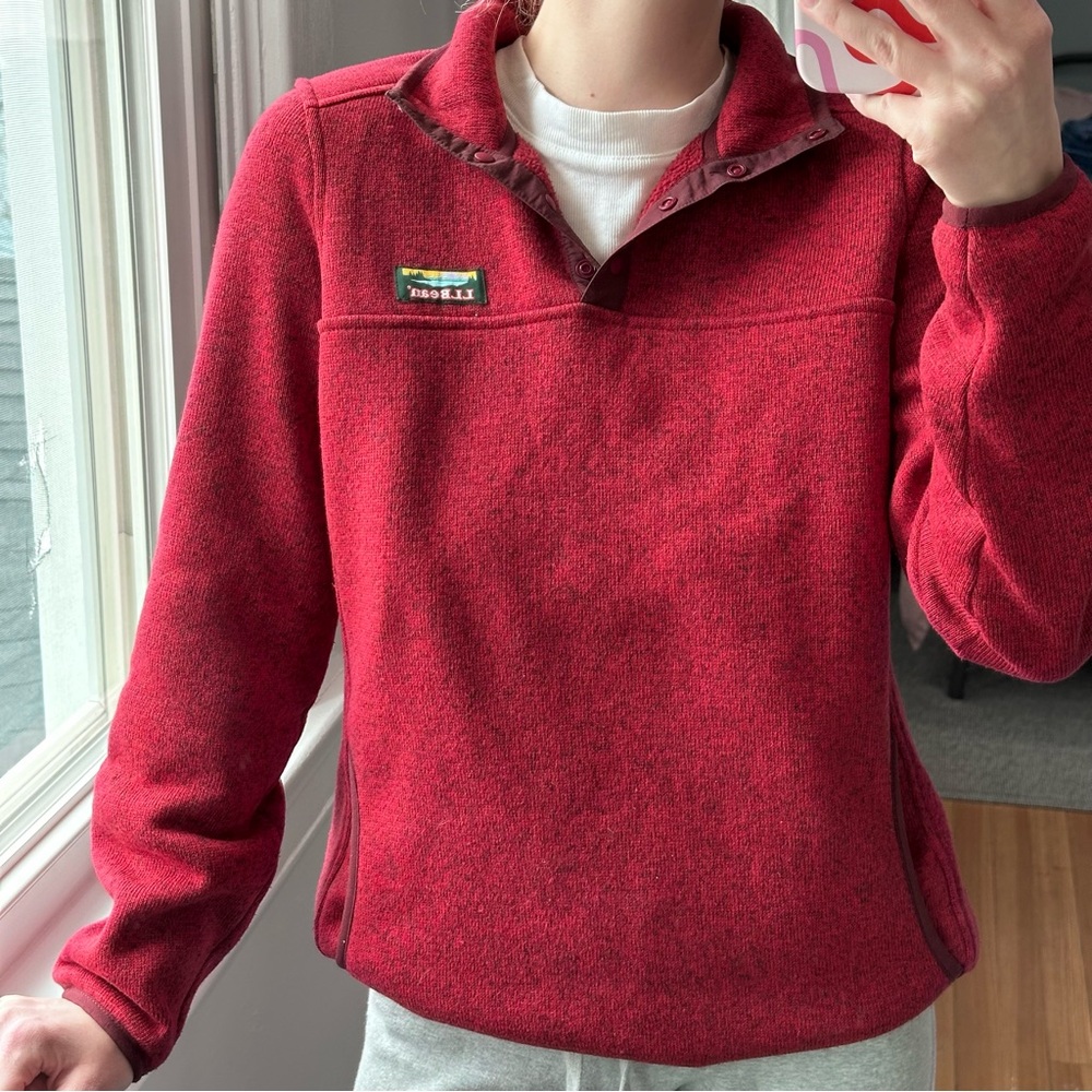 LL Bean 1/4 snap button heathered red fleece
